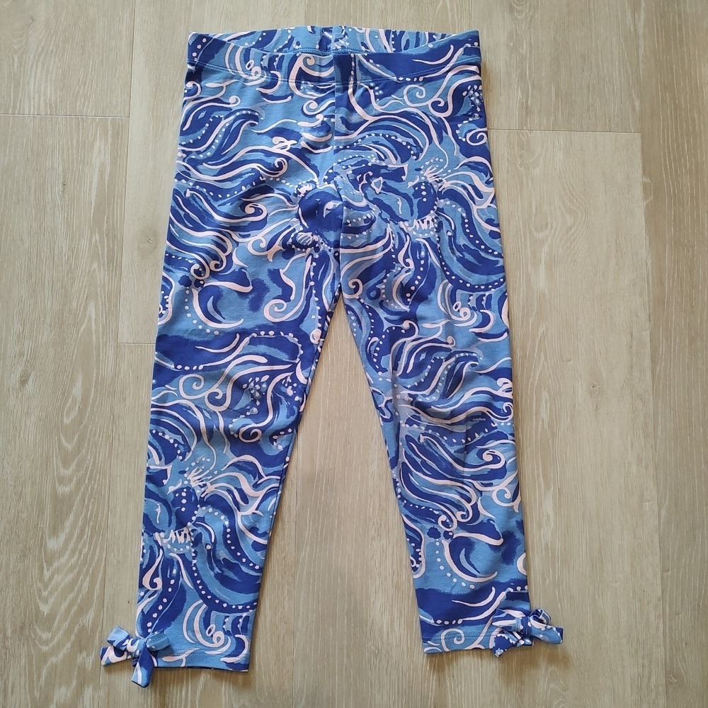 Lilly Pulitzer South Ocean‎ Print Girls Leggings Sz   Large 8/10 Blue Pink Bows